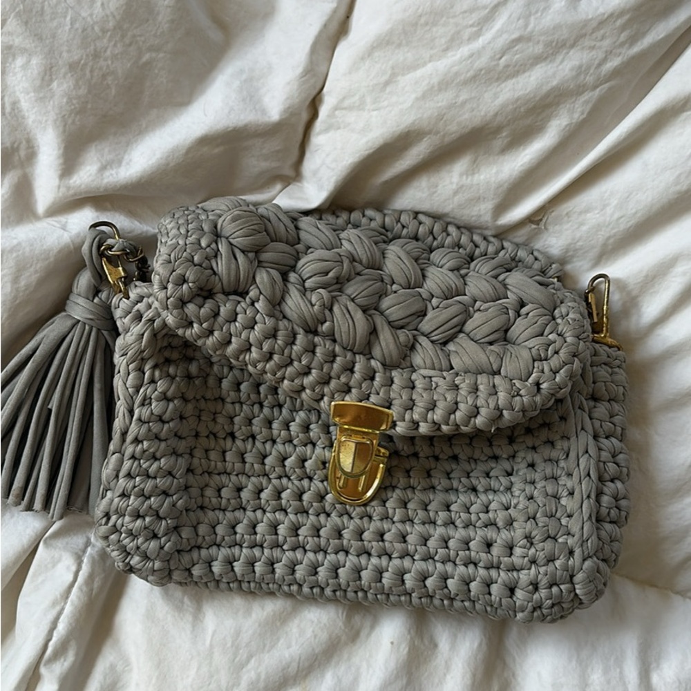 Gray Woven Handbag with Gold Accents